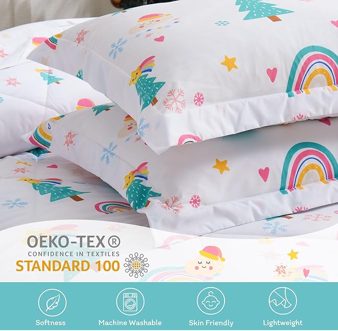JSD Christmas Kids Comforter Set Full Size, 3 Piece Rainbow Tree Holiday Microfiber Bedding for Boys Girls Lightweight Machine Washable