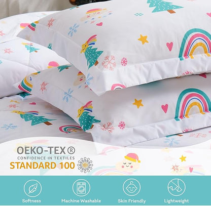 JSD Christmas Kids Comforter Set Queen Size, 3 Piece Rainbow Tree Microfiber Bedding for Boys Girls Lightweight Machine Washable
