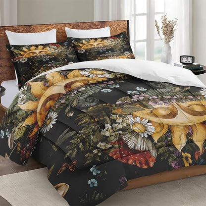 Twin Size Comforter Set with Pillowcase, Vintage Sun Moon Woodland Soft 2 Pcs Bedding for Kids and Adults, Mushroom Fern Plants Comforter Set for Room Bedroom Bed Decor