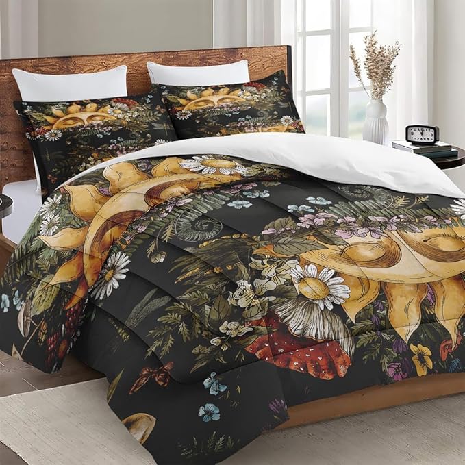 King Size Comforter Set with 2 Pillowcase, Vintage Sun Moon Woodland Soft 3 Pcs Bedding for Kids and Adults, Mushroom Fern Plants Comforter Set for Room Bedroom Bed Decor