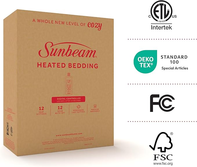 Sunbeam Electric Restful Quilted Heated Mattress Pad Full 75" x 54" 12 Heat Settings 12-Hour Auto Shut-Off Extra-Cozy Fabric Deep Pocket Fit Machine Washable
