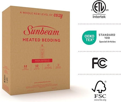Sunbeam Electric Restful Quilted Heated Mattress Pad Full 75" x 54" 12 Heat Settings 12-Hour Auto Shut-Off Extra-Cozy Fabric Deep Pocket Fit Machine Washable