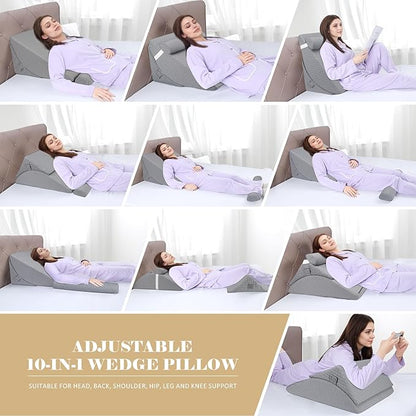 Bed Wedge Pillow for Sleeping, Adjustable Wedge Pillow Set for After Surgery, Elevated Triangle Pillow for Acid Reflux and Back Pain Relief, Post Surgery, Sleep Apnea, Back Suppor