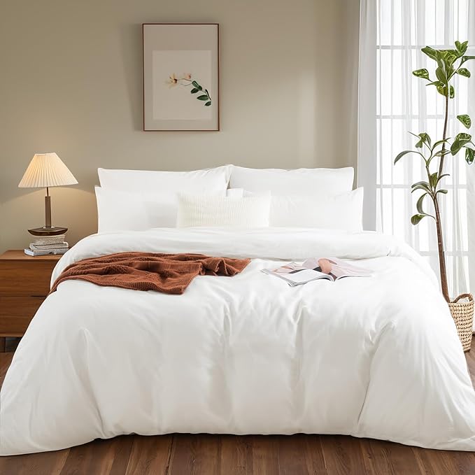 NEXHOME PRO Duvet Cover Set California King Linen Look Textured Cream White Organic Natural 100% Washed Cotton Duvet Cover 3 Pieces Bedding Set with Zipper Closure, Breathable, Soft (No Comforter)