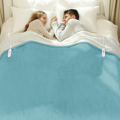 Queen Size Electric Blanket 84" x 90" - Flannel Sherpa Washable Heated Blanket with Dual Control, 5 Heating Levels & 10 Hours Auto Off, Heating Blanket with Overheat Protection for Home(Blue)