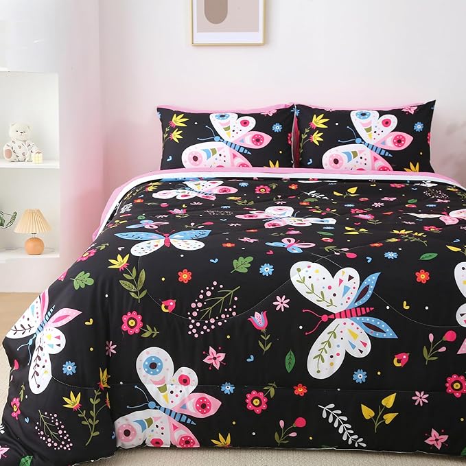 Girls Butterfly Comforter Set Queen Size Black 7 Piece Bed in A Bag Colorful Flowers Leaves Bedding Set for Kids Teens Adults Super Soft All Season