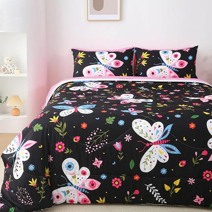Girls Butterfly Comforter Set Twin Size Black 7 Piece Bed in A Bag Colorful Flowers Leaves Bedding Set for Kids Teens Super Soft All Season