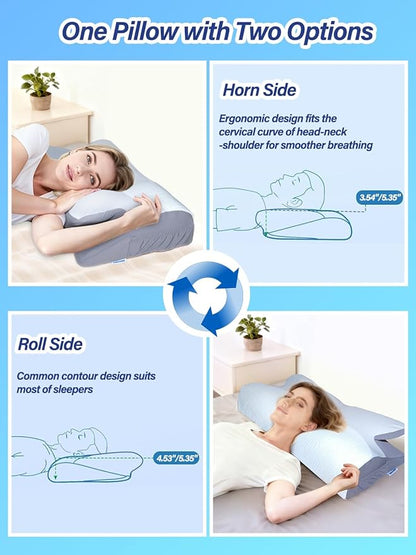 Orthopedic Neck Pillow - 2 in 1 Cooling Contoured Memory Foam Pillow, Butterfly Pillow for Side/Back/Stomach Sleepers with Removable Cover and Side Pocket (King, White & Gray)