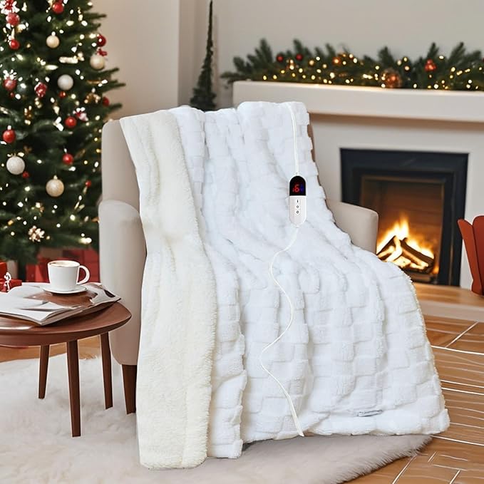 Electric Blanket, Heated Blanket with 6 Heat Levels & 10 Hours Auto Off, Soft Checked Flannel Fast Heating Blanket with ETL & FCC Certification (White, 62"X84")