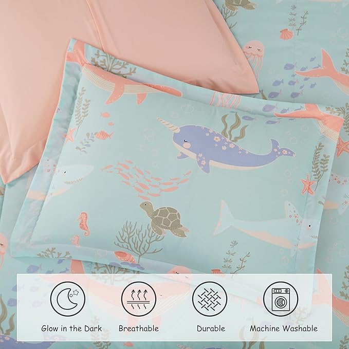 Twin Comforter Set for Girls-3 Pieces Ocean Animals Glow in The Dark Twin Bedding Sets for Kids,1 Comforter,1 Sham and 1 Decor Pillow