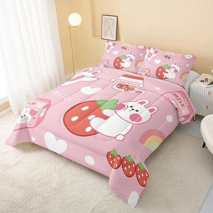 QOOMO Strawberry Rabbit Comforter Set for Kids Teens Girls Women,Pink Bunny Kids Comforter,1 Comforter with 2 Pillowcase, Microfiber 3 Piece Bedding Set,for All Seasons(Pink，Twin Size)