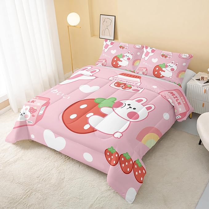 QOOMO Strawberry Rabbit Comforter Set for Kids Teens Girls Women,Pink Bunny Kids Comforter,1 Comforter with 2 Pillowcase, Microfiber 3 Piece Bedding Set,for All Seasons(Pink，King Size)