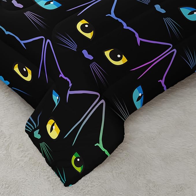 Kawaii Cat Comforter Set, Colorful Line Cat Full Size Bedding Set for Boys Girls Teens, Cartoon Cute Cat Black Quilt Set for Room Decor, Style 2