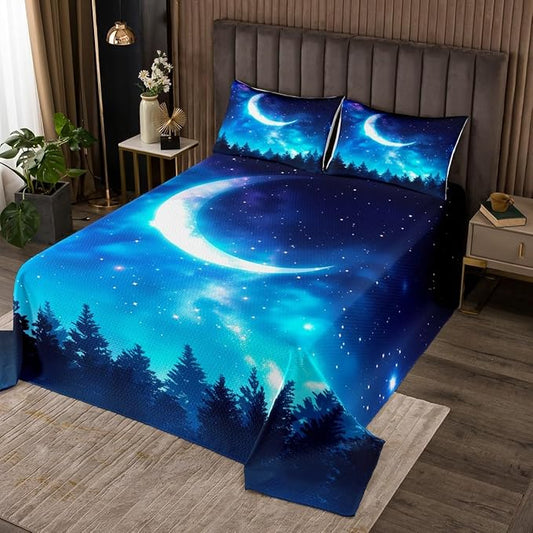 Erosebridal Galaxy Starry Sky Coverlet Set Boys, Natural Scenery Moon Quilted King Size, The Night Sky Bedding Set, Trees Bedspread for Kids Girls Teens Children Youth Teenager Child Juvenile