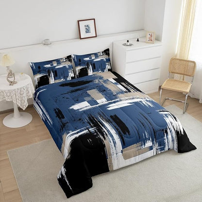 Feelyou Abstract Bedding Set Kids Modern Abstract Art Comforter Set Blue Black White Comforter for Boys Room Decor Lightweight Duvet Set Toddler Size with 1 Pillow Case