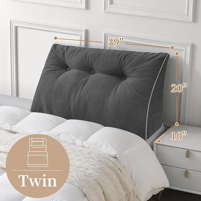 Sasttie Headboard Pillow Twin/Twin XL, Wedge Pillow Headboard for Dorm, Triangular Daybed Backrest Cushion for Sitting or Reading in Bed, with Removable Washable Cover, Dark Grey