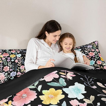 Erosebridal Black Floral Toddler Bedding Set,Cute Pink Flower Boho Comforter Set for Kids Girls,Colorful Flowers Wildflower Bed Set,Botanical Plant Leaves Room Decor,1 Pillowcase Breathable
