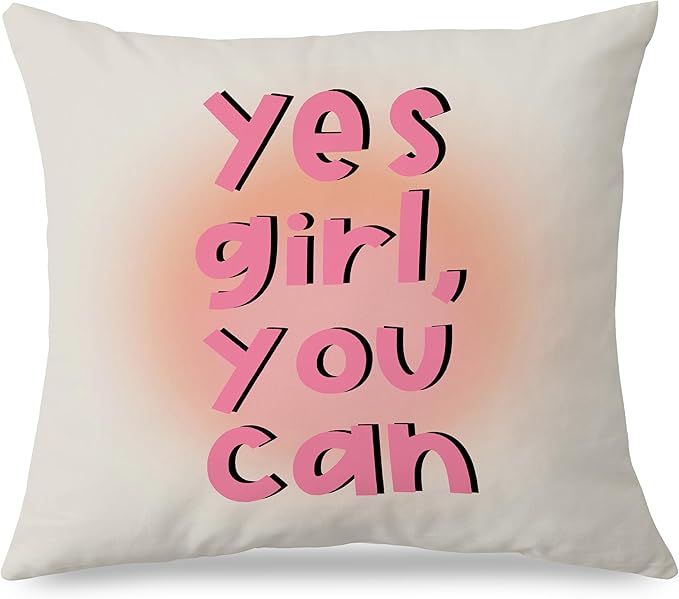Yes Girl You Can Inspirational Pillow Covers 18x18, Positive Affirmation Gifts for Women Teen Girls, Preppy Pink Feminist Throw Pillow Covers Decorative for Home Teen Girls Room Dorm Apartment