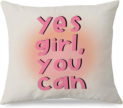 Yes Girl You Can Inspirational Pillow Covers 18x18, Positive Affirmation Gifts for Women Teen Girls, Preppy Pink Feminist Throw Pillow Covers Decorative for Home Teen Girls Room Dorm Apartment