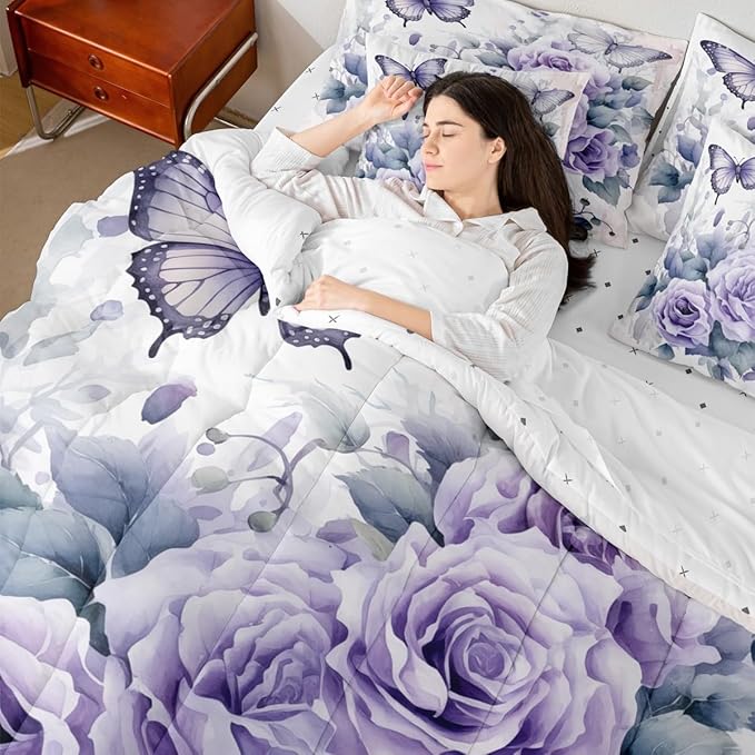 Feelyou Light Purple Rose 7 Piece Bedding Set King Size Butterfly Comforter Set with Sheets for Women Girls Teens Floral Flower Bed in a Bag Romantic Bed Set
