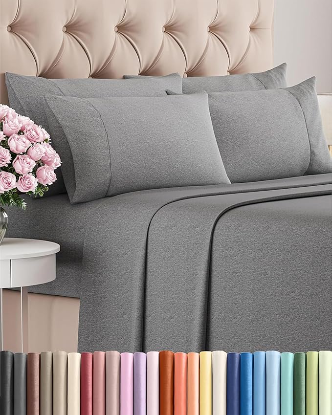 Queen Sheets Set 6 Piece - Includes 4 Pillowcases - Bed Sheets Queen Size - Soft Hotel Luxury Bedding - Cooling, Comfy & Breathable - 1 Flat & 1 Fitted & 4 Pillowcases w/ Deep Pockets - Heathered Grey