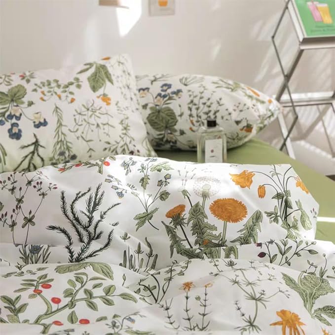 Floral Duvet Cover Full Size Green Floral Botanical Bedding Set with Yellow Flower Kids Boys Girls Vintage Garden Style Fall Reversible Soft Breathable Microfiber Duvet Cover Set, 3 Pieces