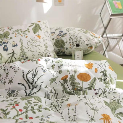 Floral Duvet Cover Full Size Green Floral Botanical Bedding Set with Yellow Flower Kids Boys Girls Vintage Garden Style Fall Reversible Soft Breathable Microfiber Duvet Cover Set, 3 Pieces