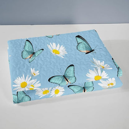 QOOMO Butterfly Quilt Set King Size,Daisy Bedspread Coverlet Set,Butterflies 3Pcs Bedding Set Printed Quilt with 2 Pillowcases,Soft and Lightweight,for All Seasons