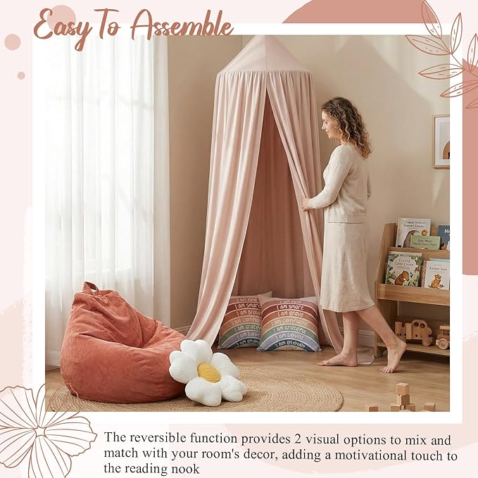 5 Piece Reading Nook Set for Kids, Kids Reading Corner Decor Bundle with Bean Bag Chair Cover & Throw Pillow Covers, Bed Canopy and Flower Pillow for Bedroom Playroom, Nursery, Indoor Decor