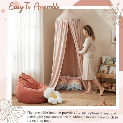 5 Piece Reading Nook Set for Kids, Kids Reading Corner Decor Bundle with Bean Bag Chair Cover & Throw Pillow Covers, Bed Canopy and Flower Pillow for Bedroom Playroom, Nursery, Indoor Decor