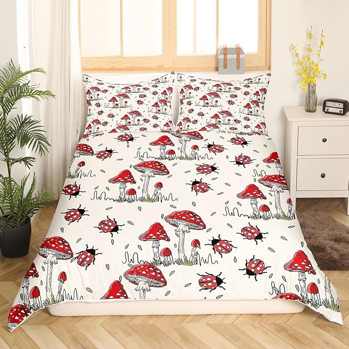 Castle Fairy Wild Mushroom Bedding Set Full Size,Cute Ladybug Duvet Cover 3pcs Kids Teens Rustic Hand Drawn Comforter Girls Boys Room Decor,Nature Animals Plants Quilt Cover,2 Pillowcases,Red Khaki
