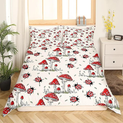 Castle Fairy Wild Mushroom Bedding Set Full Size,Cute Ladybug Duvet Cover 3pcs Kids Teens Rustic Hand Drawn Comforter Girls Boys Room Decor,Nature Animals Plants Quilt Cover,2 Pillowcases,Red Khaki