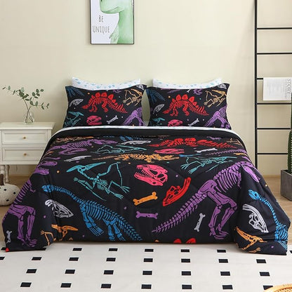 7 Piece Boys Dinosaur Comforter Set Full Size 3D Black Dinosaur Skeleton Bedding Set for Toddler Kids Teens Christmas Birthday Gift