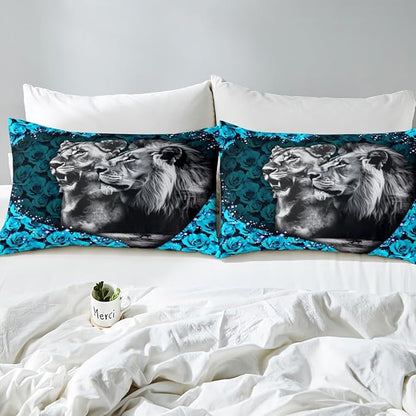 Lion Couple Duvet Cover Set King Size,Heart Shape Wild African Animal Comforter Cover with 2 Pillowcases,Blue Rose Flowers Modern Bedding Set for Adult Young Bedroom Xman Gift