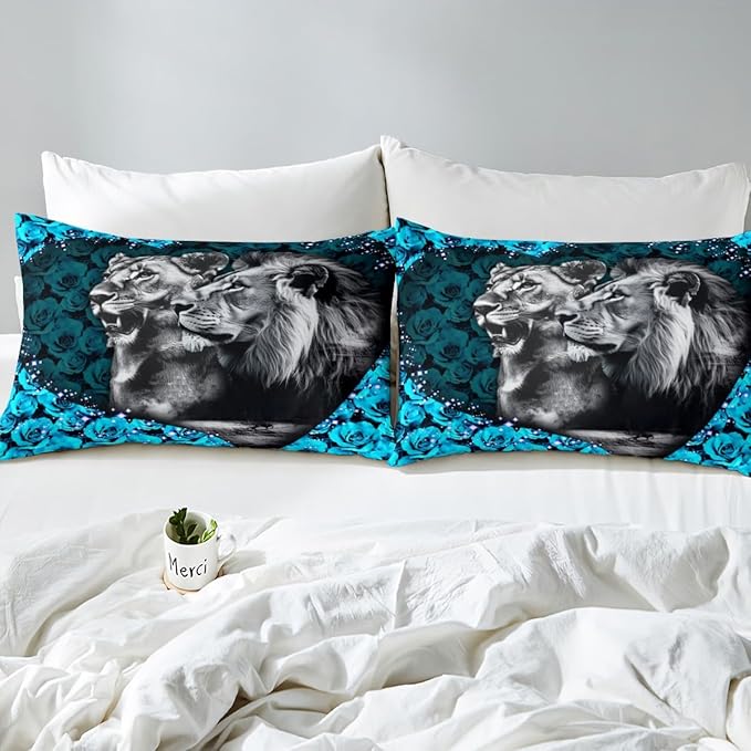 Lion Couple Duvet Cover Set Twin Size,Heart Shape Wild African Animal Comforter Cover for Kids Boys Bedroom Xmas Gift,Blue Rose Flowers Bedding Set with 1 Pillowcase Bedspread, Soft