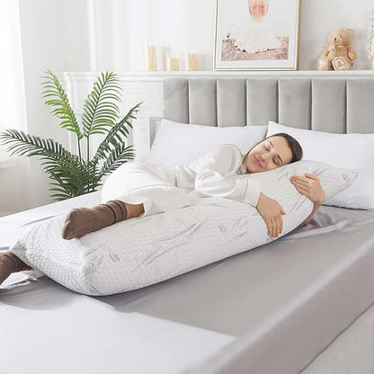 WhatsBedding Memory Foam Body Pillow for Adults with Zipperd Rayon Derived from Bamboo Cover, Breathable Long Pillow for Side Sleeper, Shredded Memory Foam Stuffing, Grey Leaf