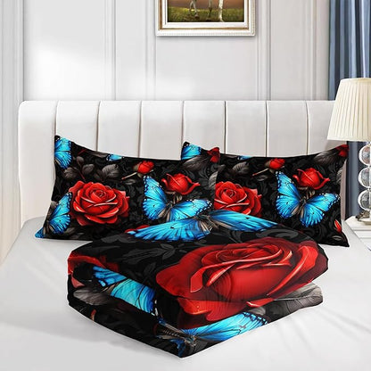 Black Red Rose Comforter Sets,Blue Butterfly Comforter Set Twin Bedding Sets for Girls Women Bedroom Decor,Romantic Floral Themed Bedding Soft Lightweight Comforter Sets with 2 Pillowcases.