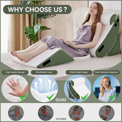 Wedge Pillow Set for After Surgery, 5 PCS Bed Wedge Pillow for Sleeping with Seat, Memory Foam Orthopedic Back Pillow for Pain Relief and Acid Reflux, Adjustable Post Surgery Pillow Green