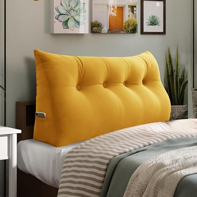 10 lbs Thickened Full Headboard Pillow for Sitting Up in Bed, Back Support Reading Pillow with Side Pocket and Velvet Removable Cover, Triangular Large Wedge Headboard Pillow