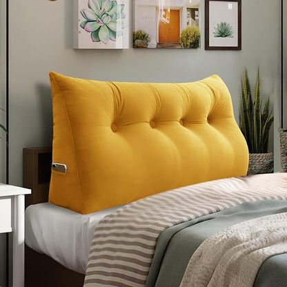 Bed Wedge Headboard Pillow - College Dorm Reading Pillow Back Support While Sitting in Bed - Ergonomic Lumbar Pillow Body Positioning Bed Pillow - Velvet Golden Yellow 54IN