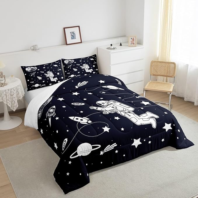 Feelyou Solar System Comforter Set King Size Outer Space Comforter for Kids Teens Adults Universe Planets Bedding Set Cute Astronaut Blue White Duvet Set Room Decor 3Pcs with 2 Pillow Case
