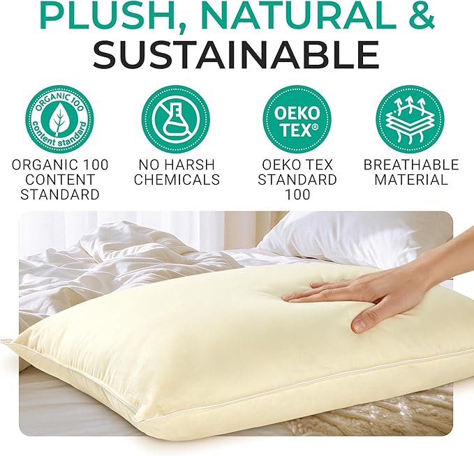 Cheer Collection Set of 2 Organic Kapok Bed Pillows, Natural Kapok Fiber Filled Sleeping Pillows with Breathable Cotton Shell, Standard Size, 20 x 28 inches