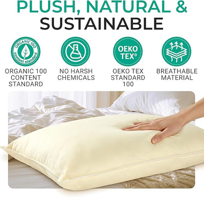 Cheer Collection Set of 2 Organic Kapok Bed Pillows, Natural Kapok Fiber Filled Sleeping Pillows with Breathable Cotton Shell, King Size, 20 x 36 inches