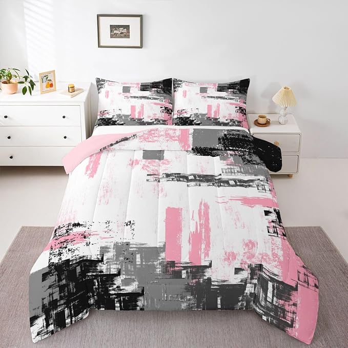 Feelyou Abstract Bedding Set Kids Modern Abstract Art Comforter Set Pink White Black Comforter for Boys Room Decor Lightweight Retro Duvet Set Full Size with 2 Pillow Case