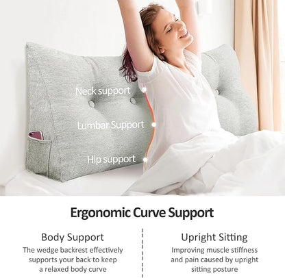 Wedge Pillow Headboard Reading Pillow for Sitting Up in Bed Adult Backrest Large Triangle Bolster Pillow for Couch Daybed Cushion Lumbar Body Support Leg Positioning（Ivory Beige, Full