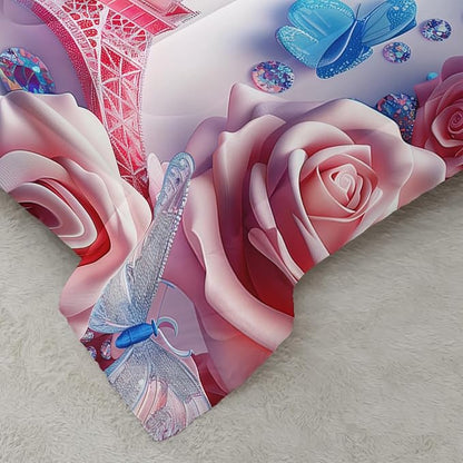 Paris Eiffel Tower Comforter 3Pcs Blue Butterfly Bedding Queen Rose Flower Bedding Set for Kid Teen Girl Boy Adult Bed Decor Colorful Diamonds Quilt with 1 Comforter and 2 Pillowcases