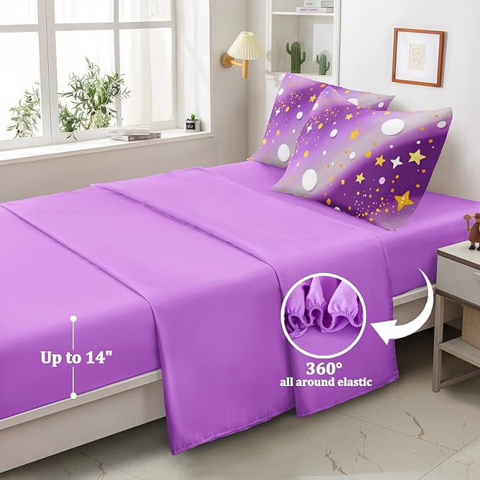 5 Pcs Twin Bedding Sets for Girls, Purple Glitter Rainbow Bed in A Bag Twin Size Bed Set, Stars Galaxy Bedding Comforter Set for Girls