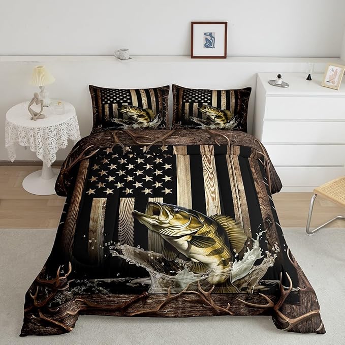 Vintage American Flag Comforter Set King Size,Men 3D Bass Fish Bedding Set,Hunting Fishing Quilt Set for Kids Boys Adult Room Decor,Rustic Farmhouse Wooden Striped Duvet Insert,Black Brown