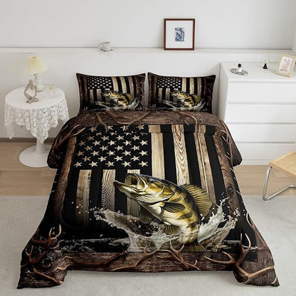 Vintage American Flag Comforter Set King Size,Men 3D Bass Fish Bedding Set,Hunting Fishing Quilt Set for Kids Boys Adult Room Decor,Rustic Farmhouse Wooden Striped Duvet Insert,Black Brown