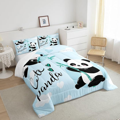 Feelyou Cute Panda Bedding Set Cartoon Panda Comforter Set for Kids Boys Girls Animal Theme Comforter Kawaii Animal Quilt Set Blue 1 Comforter Set with 2 Pillowcases Queen Size